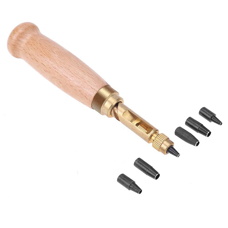 

1Set DIY Hand Craft Stitching Tool Wooden Handle Screw Leather Hole Punch Leather Stitching Tool with 1.5-4mm Tips
