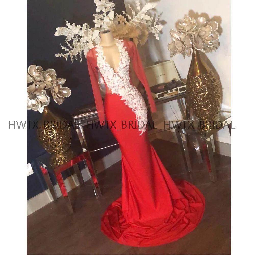 Великолепные кружевные платья на выпускной с аппликацией телесного цвета, с длинным рукавом, v-образный вырез, Русалка, белый, красный, африканская темнокожая девушка, торжественное вечернее платье