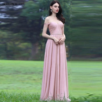 

Vestidos de madrinha2021 new tulle Boat Neck short sleeve A Line pink navy blue dress long beach with wedding party dress