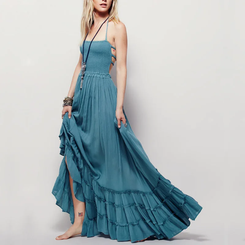 Comprar Bellflower mujeres verano Boho vestido Maxi gente sin tirantes sin espalda Sexy largo bohemio vestidos Hippie Chic vendaje Vestido de playa