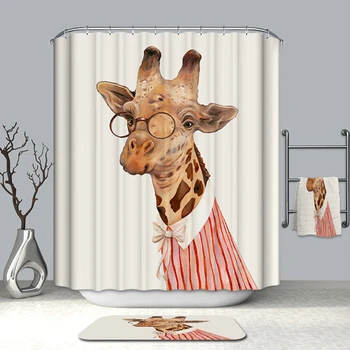 

Japan Style Simplicity Polyester Shower Curtain Colorful Giraffe with Glasses 3d Pattern Thicken Waterproof Bath Curtain + Hooks