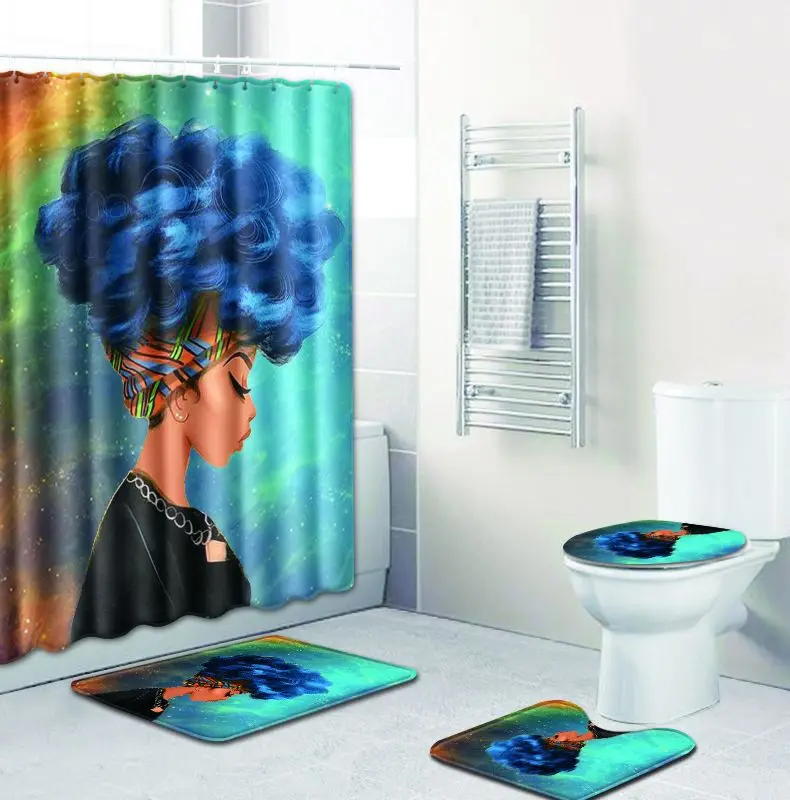 

4Pcs Set African Woman Bathroom Mat Curtain Set Non-Slip Pedestal Rug + Lid Toilet Cover + Bath Mat + Bath Shower Curtain LSB09
