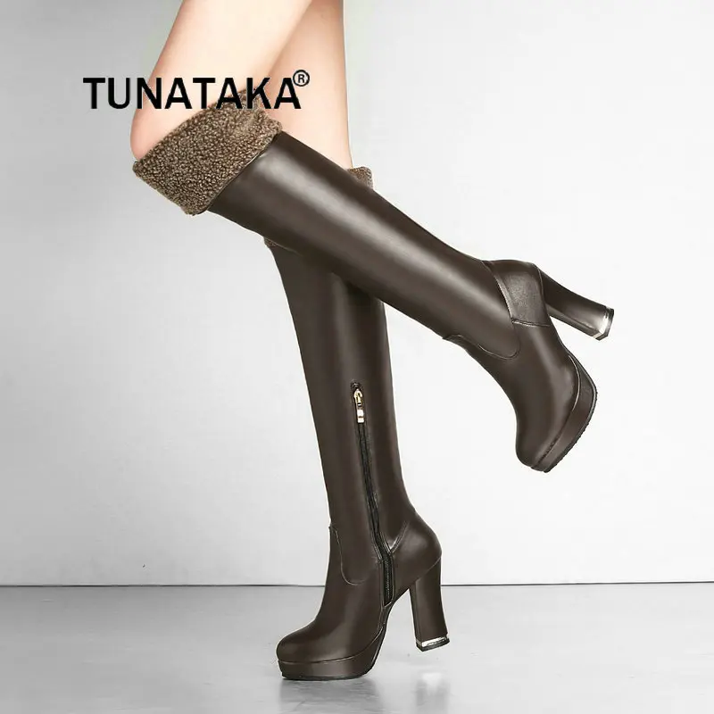 

Warm Winter For Women's Over The Knee Boots Fashion Side Zipper Thick High Heel Women Shoes Black White Brown