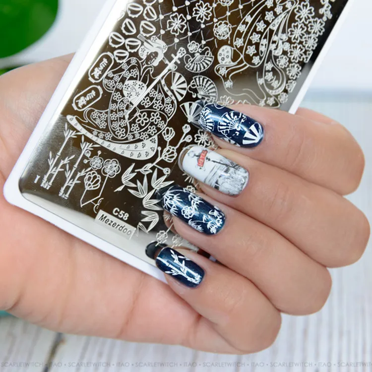 Японская серия ногтей штамповки шаблон изображения Печать Искусство пластины трафарет Гейша цветы Бабочка для украшения ногтей C58