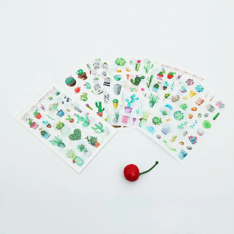 Y11 6 Sheets Fresh Green Cactus Love Adhesive Stickers Decorative Album Diary Stick Label Hand Account Decor Stationery