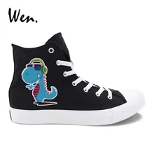 Вэнь оригинальные высокие туфли дизайн мультфильм Динозавр наушники слушать музыку черные парусиновые туфли для мальчиков девочек белые кроссовки подарок