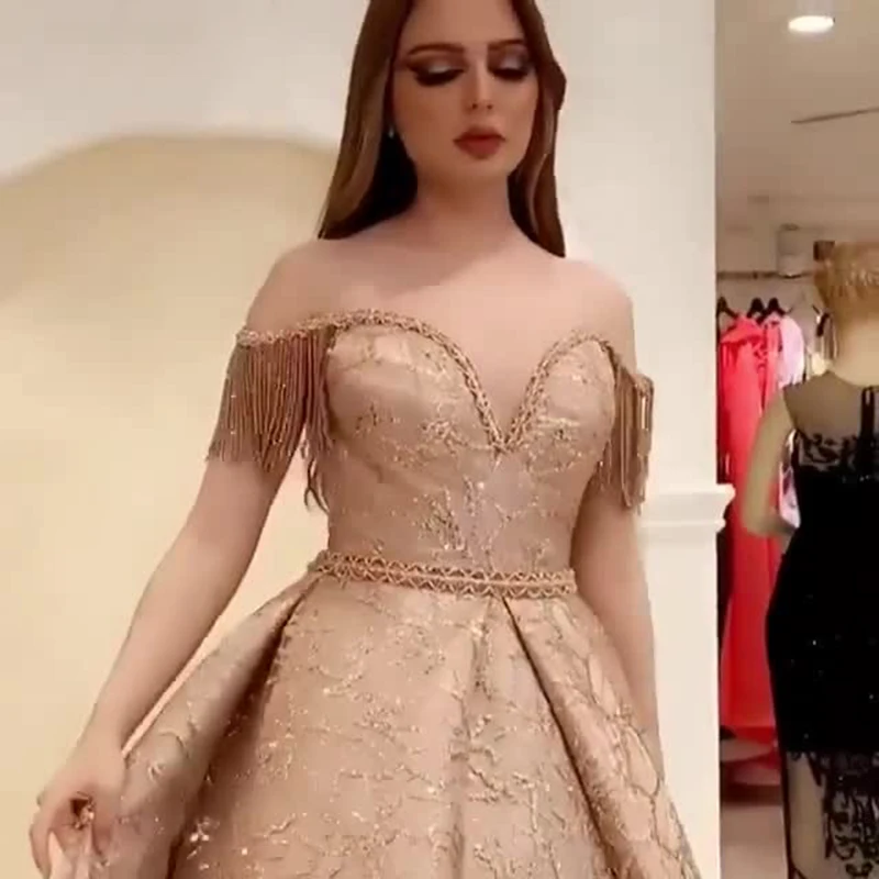 Длинное Элегантное Пышное золотистое блестящее кружевное платье ANGEL NOVIAS Caftan Arabic