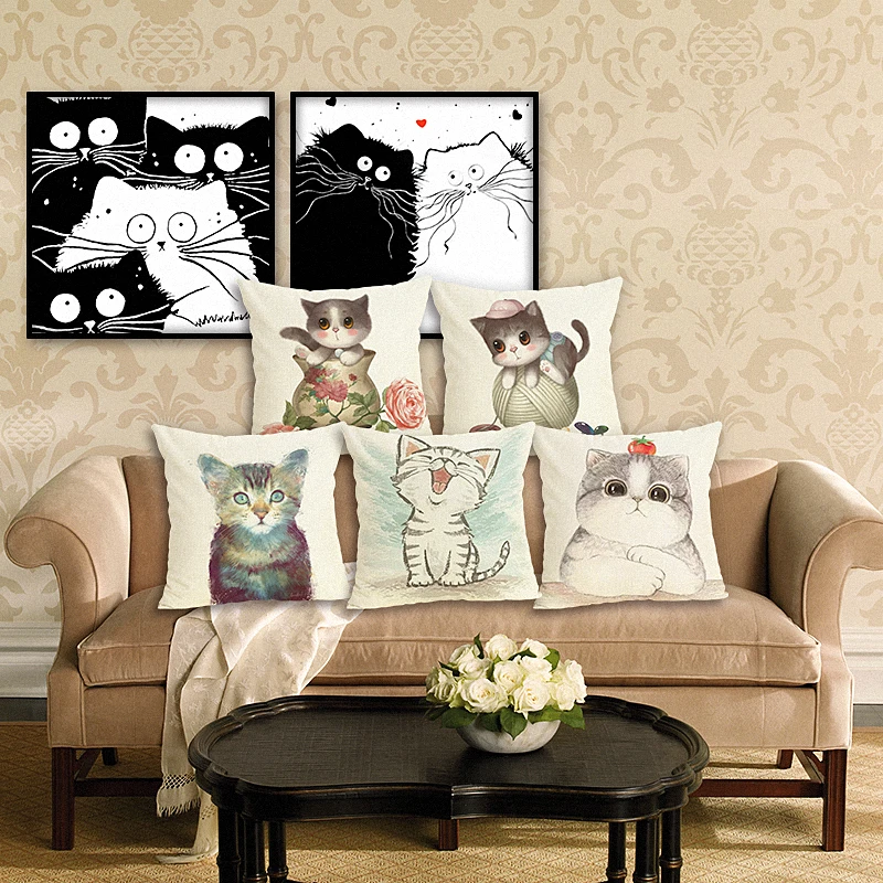 

45X45 Cartoon Style Cat Pillow Case Sofa Cushion Soft Pillow Cover A Cushion Cover Bedding Pillows Cotton Linen Square