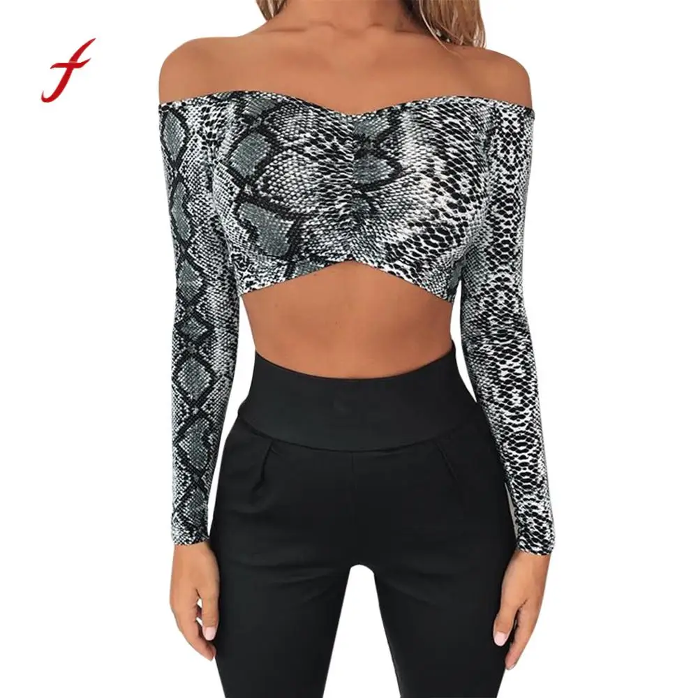 feitong High Quality T Shirt Women Snake Print Off Shoulder Ruched T-Shirt Long Sleeve Short Women's Clothing T-shirt Tops