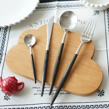 Heißer Verkauf 304 Edelstahl Besteck Geschirr Set Gabeln Messer Gold Besteck 4 Stücke Matte Gebürstet Schwarz Griff G322