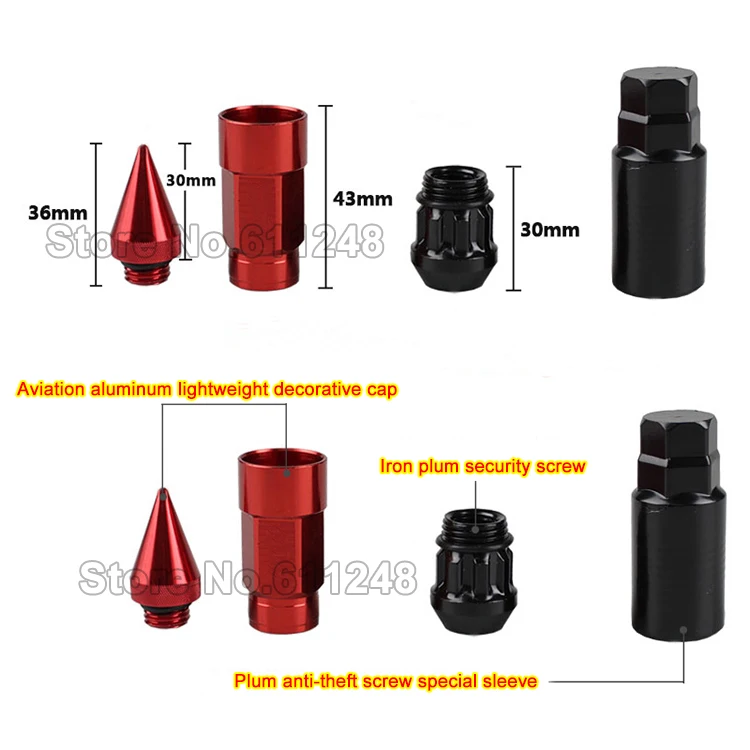 Skup Car Styling nakrętki do kół m12x1, 5 m12x1, 25 Racing nakrętka kompozytowa z zabezpieczeniem przeciw kradzieży stalowy zamek śruba z nakrętką koła z kolcami czerwony niebieski czarny