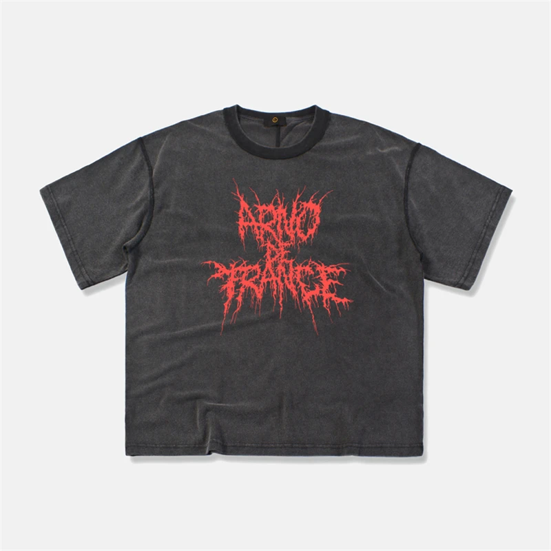 

2019 Summer Distressed Loose T-shirt Vintage Washed Black Cotton Tee Lettering Print