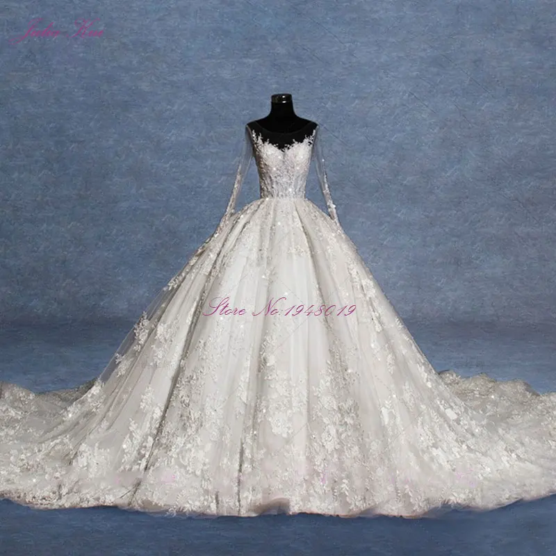 

Elegant New Style Scoop Lustrous Royal Train Ball Gown Beading Embroidery Lace Backless Full Sleeve Puffy Princess Wedding Dress
