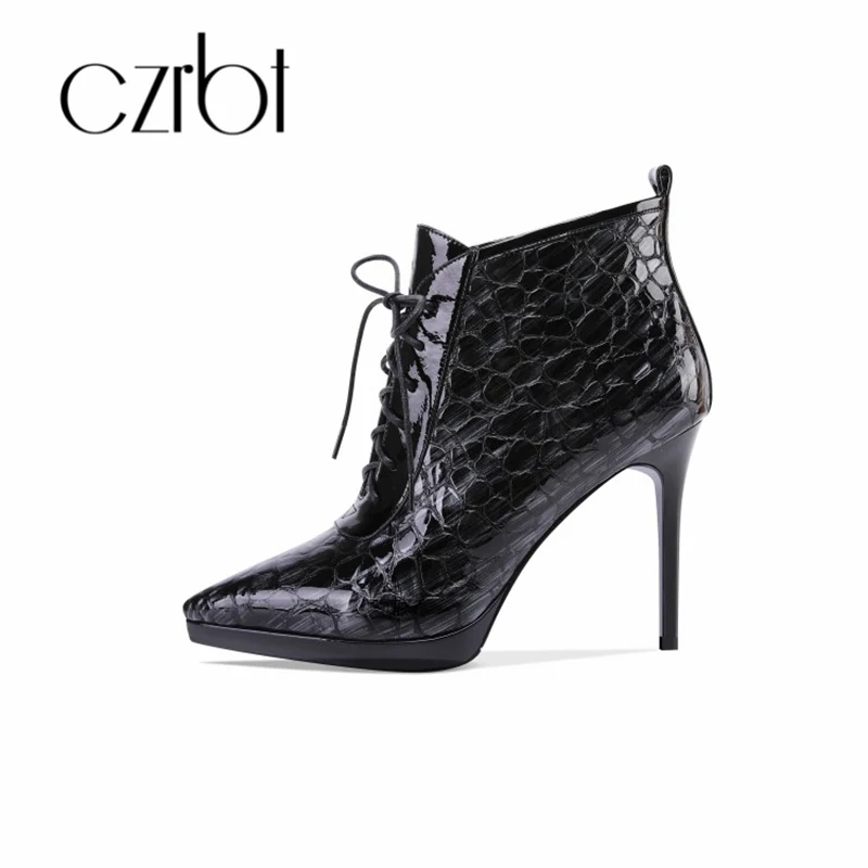 

czrbt 2018 women ankle boots cow leather Lace-up wine color winter warm platform high heels women boots