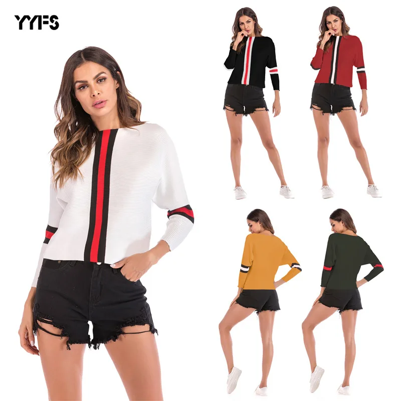 

Women's Short-sleeved Sweater Sexy Word Collar Color Matching Bat Sleeves Striped Top Women's Sweater 1013