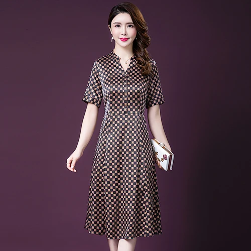 

2019 Spring Summer Fashion Five-minutes Sleeved Silk Women Dress New Style Big Code Xxxxxl Elegant Temperament Female Dresses