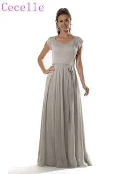 

2019 Silver Chiffon Long Modest Bridesmaid Dresses With cap sleeve A-line Country Western Beach Formal Modest Bridesmaid Gown