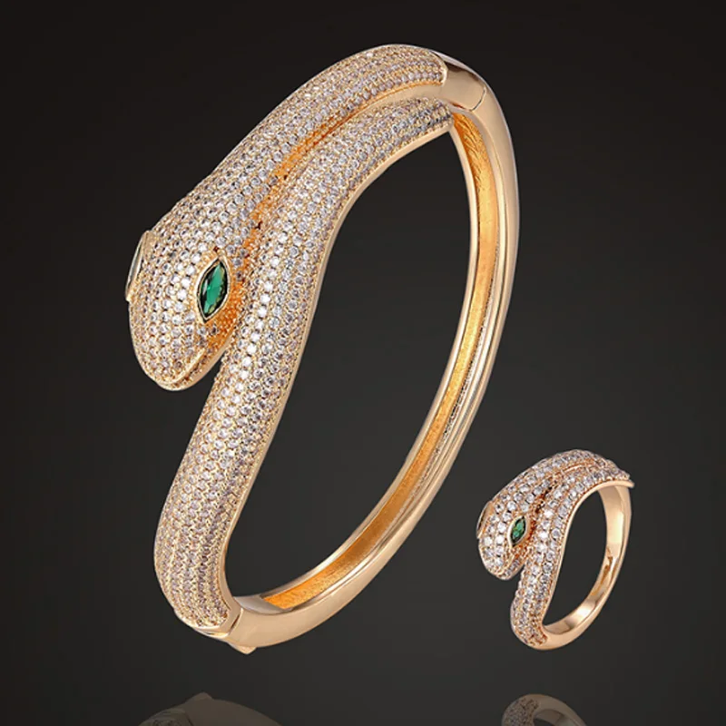 

Zlxgirl New arrival Cute Snake Animal full micro pave setting zircon love's bangle with ring set classic bracelet and bangle