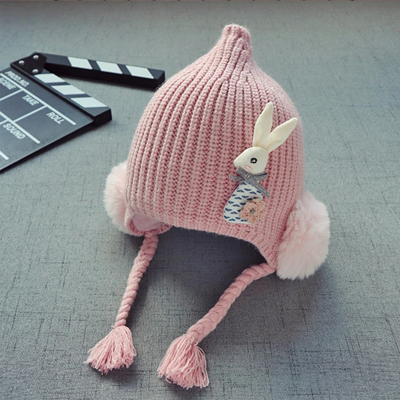 

New Autumn And Winter Baby Hats Wool Earmuffs Knitted Plush Children's Hat With Cute Rabbit 3 Months -2 Years Old GCG55