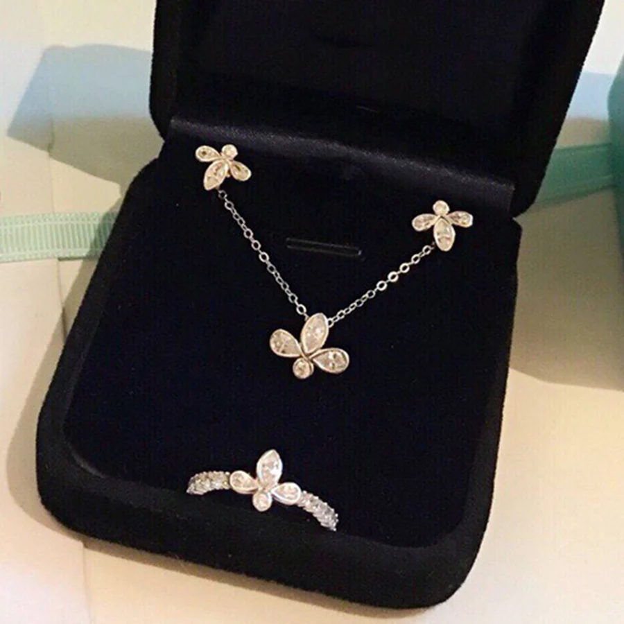 

2019 Brand Modern 925 Sterling Silver Flower Jewelry Set Luxury Fine Small Necklace Earrings Ring CZDiamond For Women