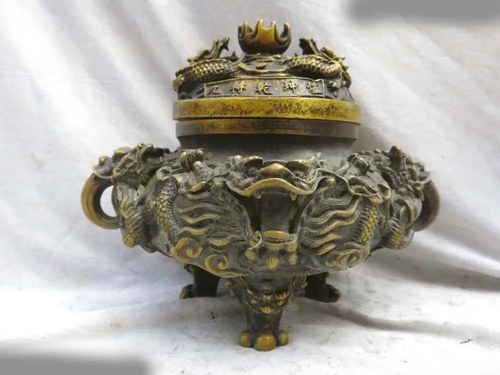 

8" China brass fine nine dragon the universe censer incense burner Sculpture