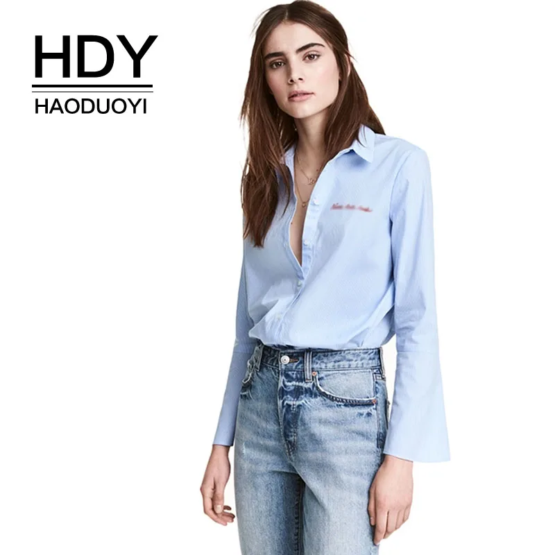 

HDY Haoduoyi Letters Embroidery Stripe Flare Sleeve Shirt Button Down Women Blouse Autumn Career Work Wear Shirts Blouses