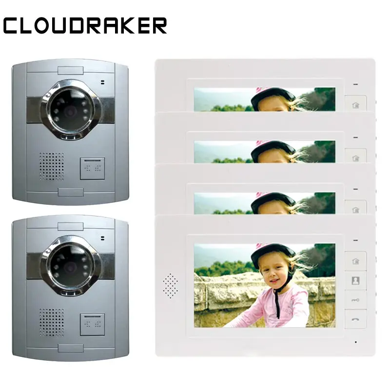 

CLOUDRAKER Video Door Phone Door Bell Intercom System 4x 7 Inch Monitor with 2x Silver Doorbell Video Intercom Unlock