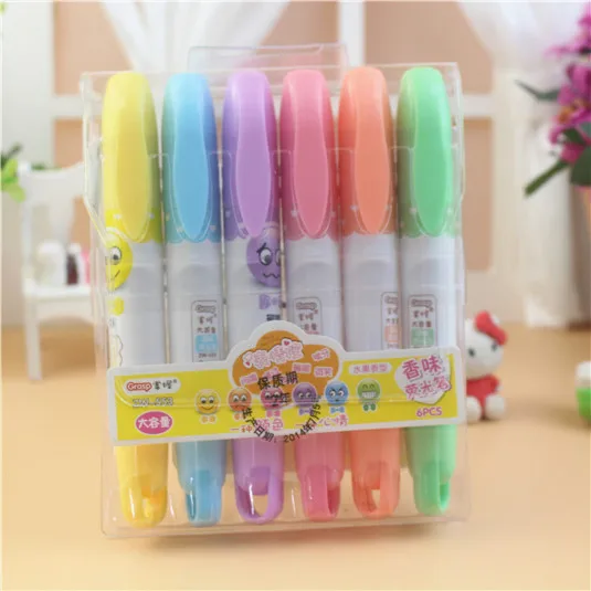 

6 pens/box 6-color Cute face fruit scent Chisel tip Highlighter Marker Pen for school, YGB00005