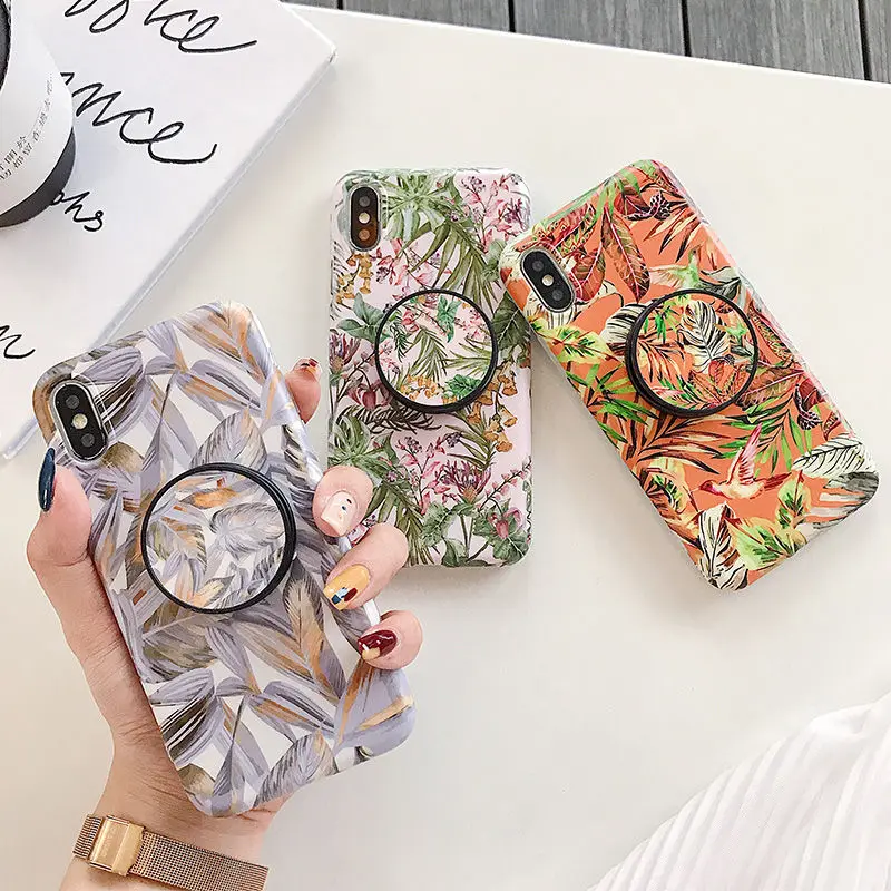 

Retro Flower Leaves Stand Holder Case For iPhone 6 6S 7 8 Plus Vintage Summer Plants Soft IMD Cover For iPhone X XS XR XS Max