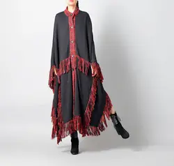 Для женщин с длинным рукавом Винтаж кисточкой Однобортный пальто мода Дизайн оригинальный асимметричный Длина пальто утолщение траншеи