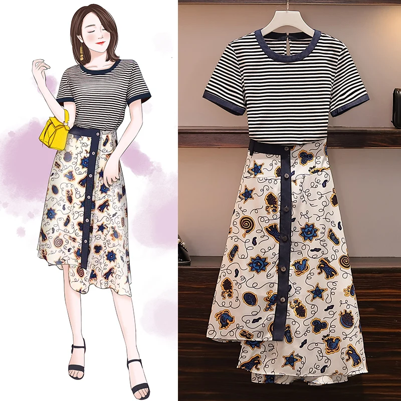 

Large plus size Womens sets Stripe T Shirt +print skirt two piece set top and Skirt Summer clothes beach outfit female suit