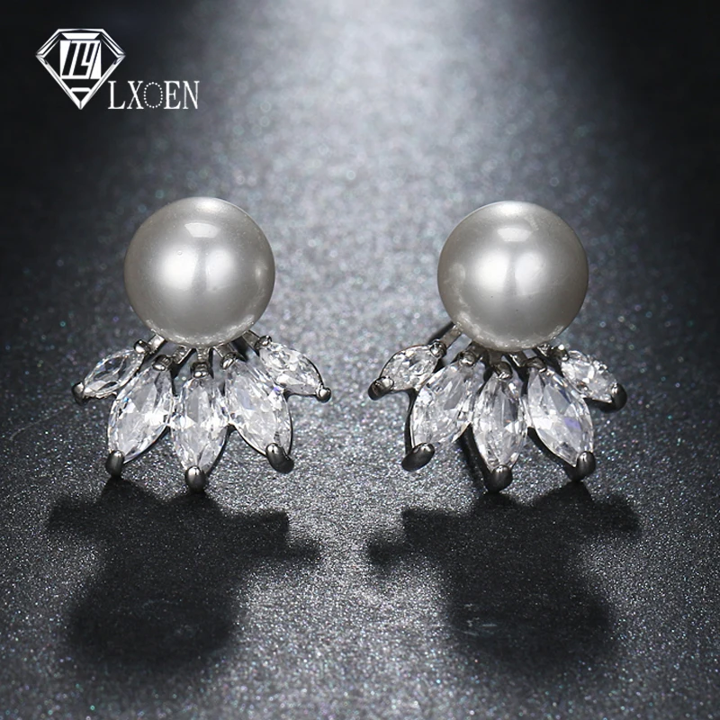 

LXOEN Marquise Women Simulated Pearl Earrings With AAA Cubic Zircon Studs Ear for Wedding Silver Color Stud Earrings Jewelry