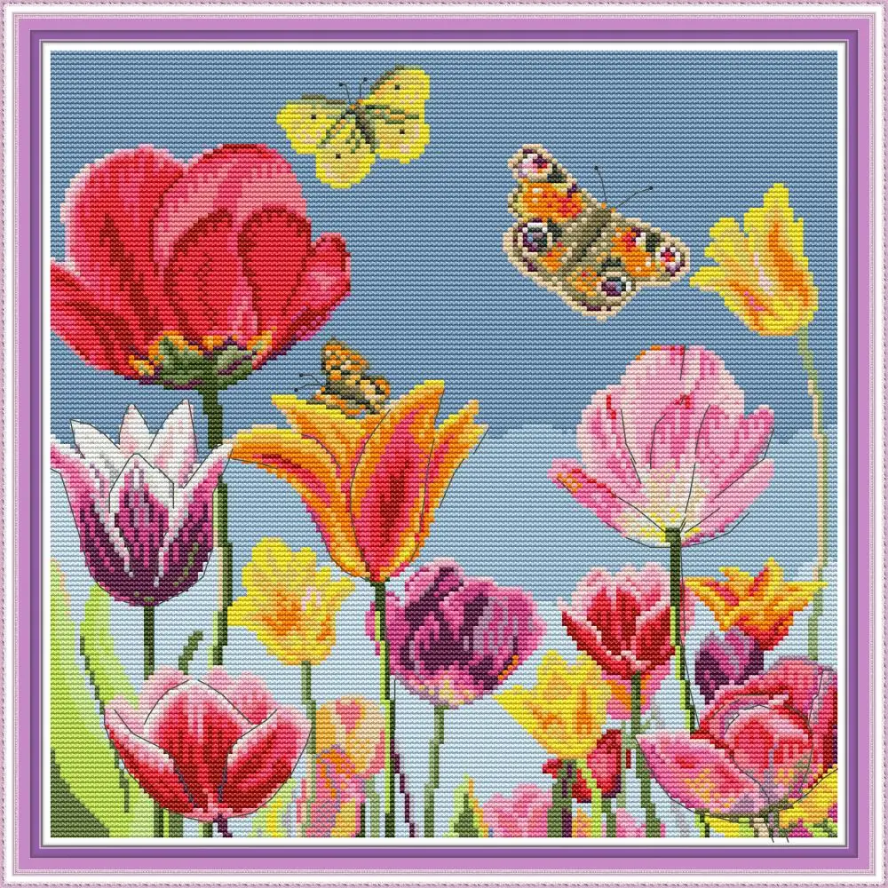 

NKF Tulip Flowers Cross Stitch Kit 11CT14CT Chinese Embroidery Needlework Set Cross Stitch Pattern for Home Decor