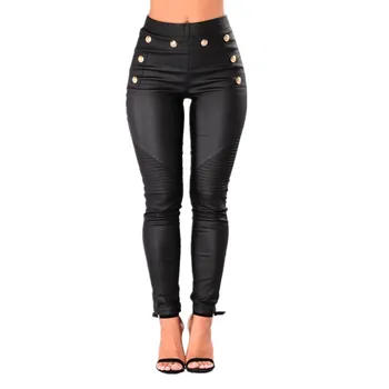 

Elegant Ladies Black Pencil Pants PU Leather Matte Stretch High Waist Pants Elastic Waist Button Trousers For Women 2018 Fashion