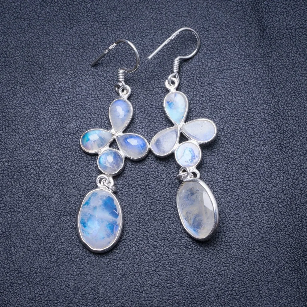 

Natural Rainbow Moonstone Handmade Unique 925 Sterling Silver Earrings 2.25" X4692