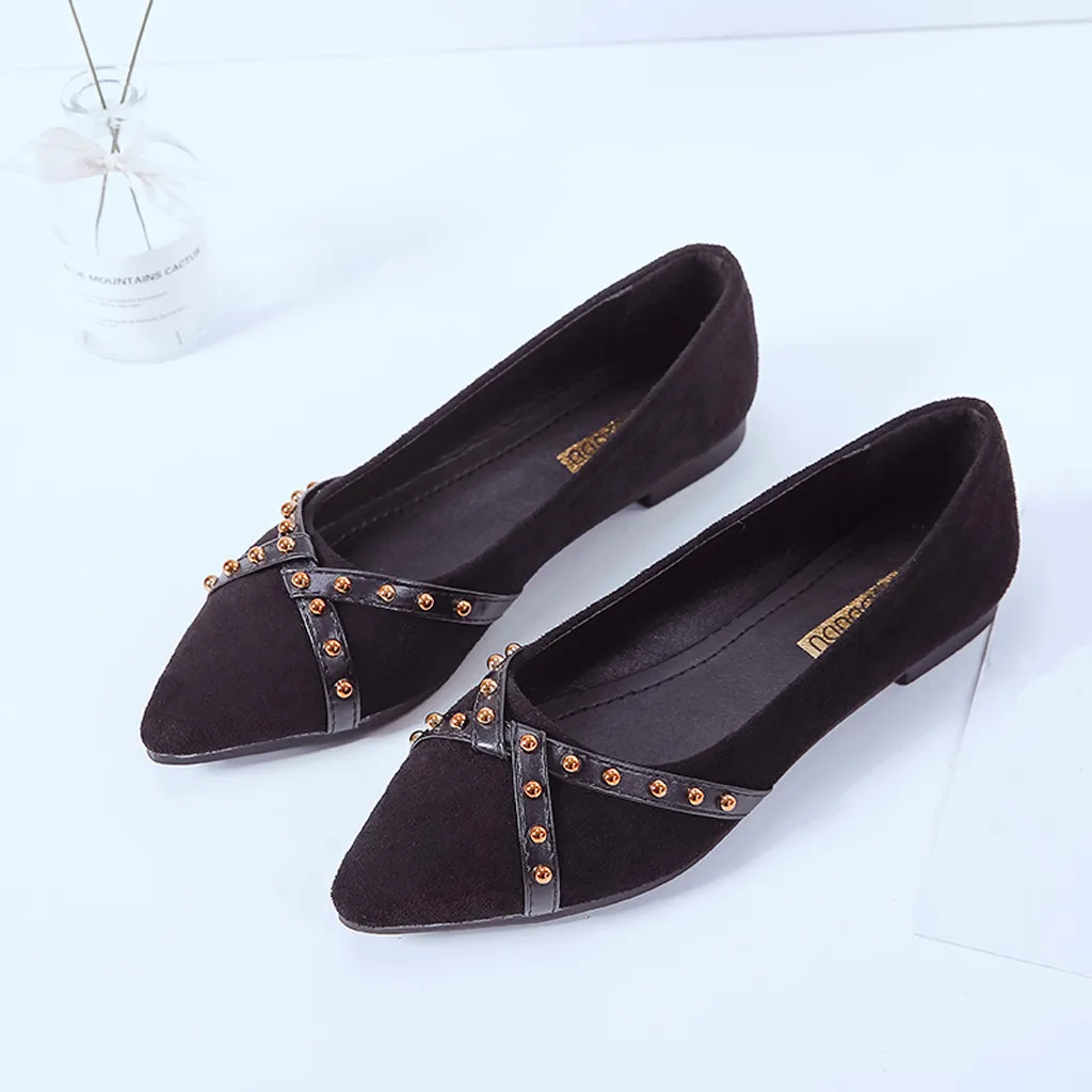 

New Style Women Pointed Toe Rivets Shoes Shallow Flat Heel Slip-on Ladies Big Size Good Quality Casual Single Shoes 10
