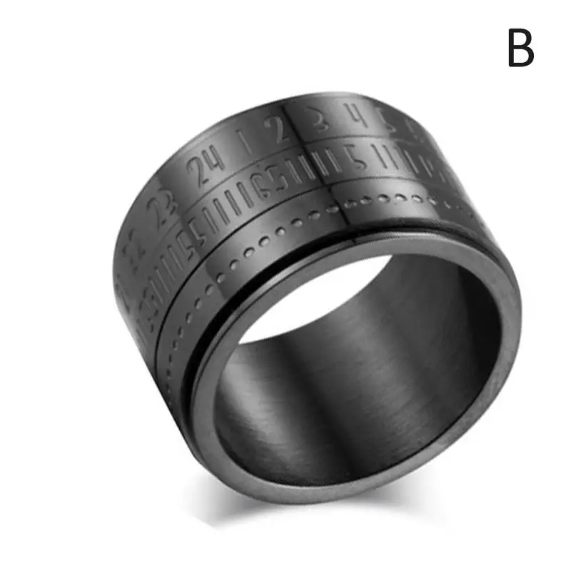 Титановое стальное мужское кольцо, вращающееся по времени, кольца с арабскими цифрами, календарные кольца, черные часы, кольцо для мужчин, золотые, черные кольца - Цвет основного камня: Black