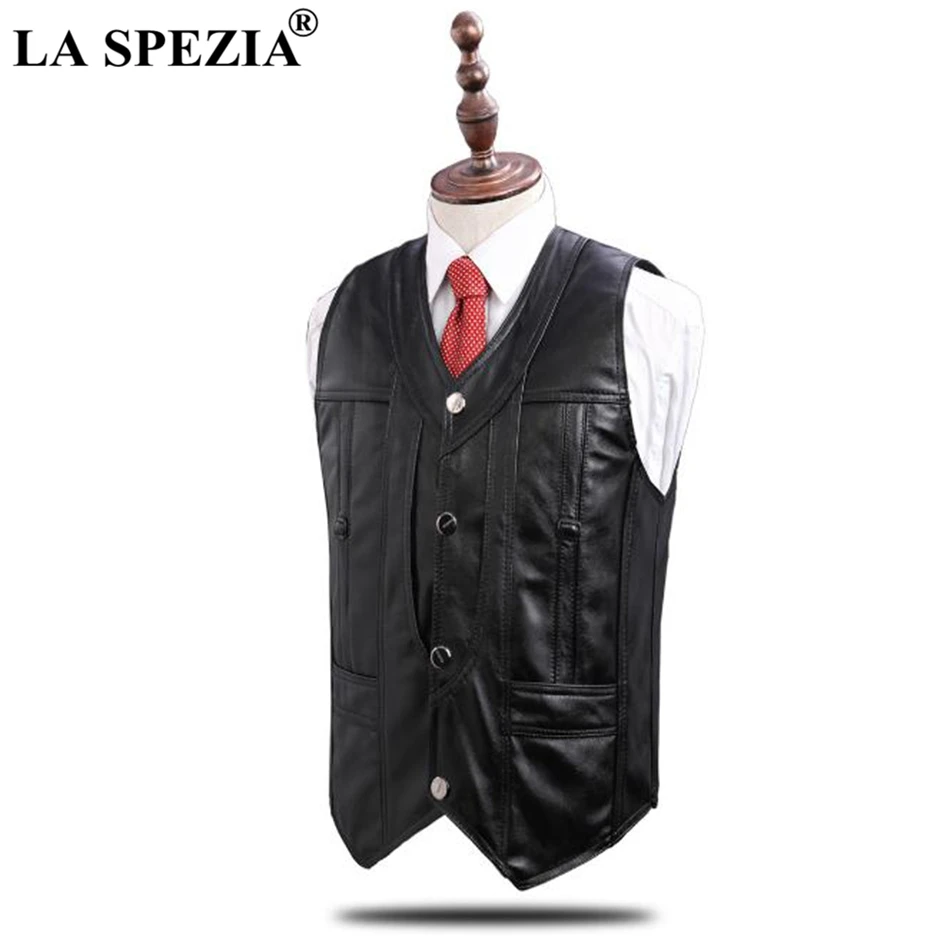 LA SPEZIA Leather Vest Men Black Formal Waistcoat Male Real Leather Slim Fit Pocket Vintage Autumn Brand Sleeveless Jacket 2019