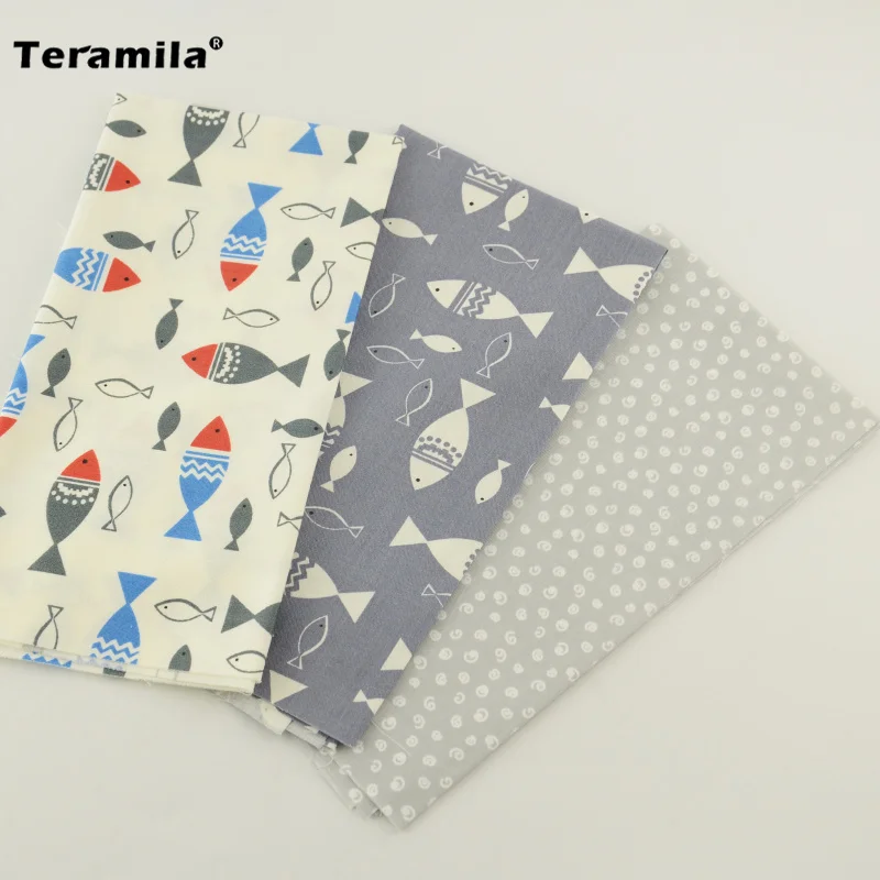 Teramila Cartoon Fish And Circle Design 40cmx50cm Patchwork Pre cut Fat Quarter Three Color Cotton Fabric DIY Dolls Pillow|fat quarters|fabric