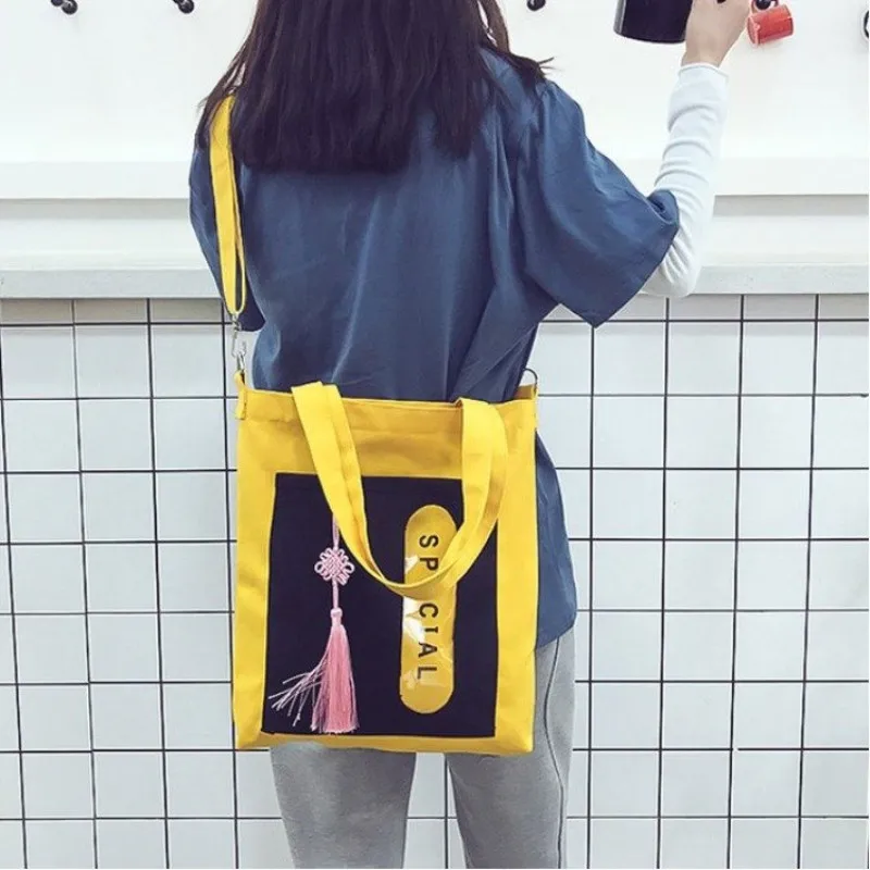 

Letter Printing Shoulder Tote Bags 2019 Korean Style Simple Wild Package with Chinese Knot Fashion Hit Color Canvas Handbag