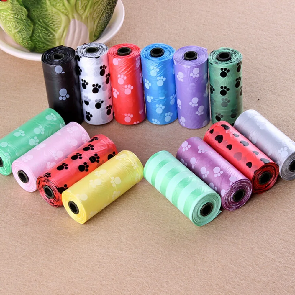 

1Rolls 15pcs Degradable Pet Dog Waste Poop Bag With Paw Printing Doggy Bag Shit Picking Bags Dog Bags Carrier Supplies