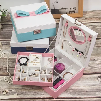 

Korean Style Large Jewelry Box Women Bow PU Leather Three Layers Bangles Rings Jewel Display Women Jewelry Storage Organizer