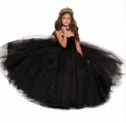 Черное пышное Тюлевое праздничное платье для девочек, бальное платье, милое платье с бусинами и жемчужинами, платье с цветочным узором для