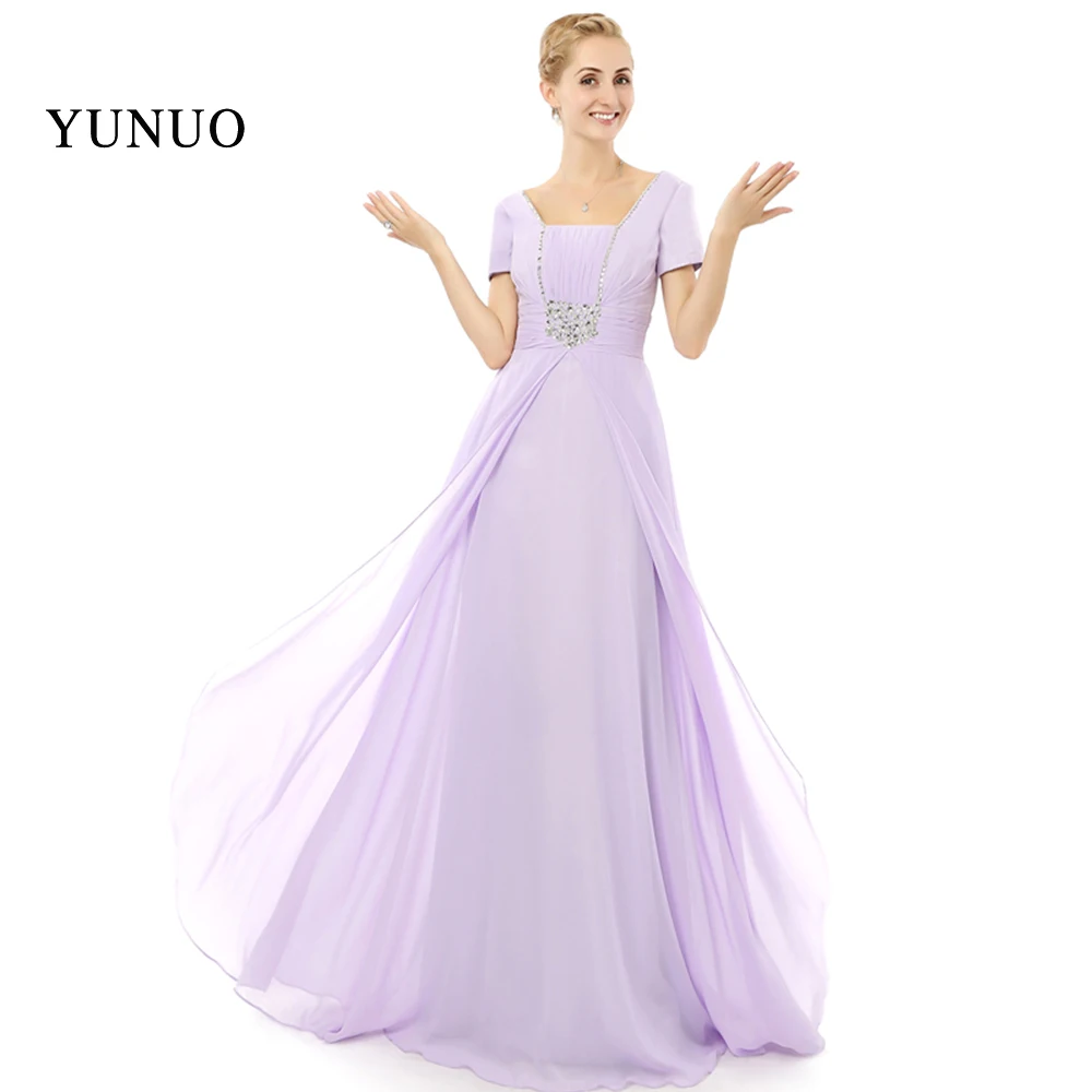 

Purple Chiffion Vestidos Sweep Train Square Collar Short Sleeves A-Line Beading Evening Dresses Plus Size Long x07292