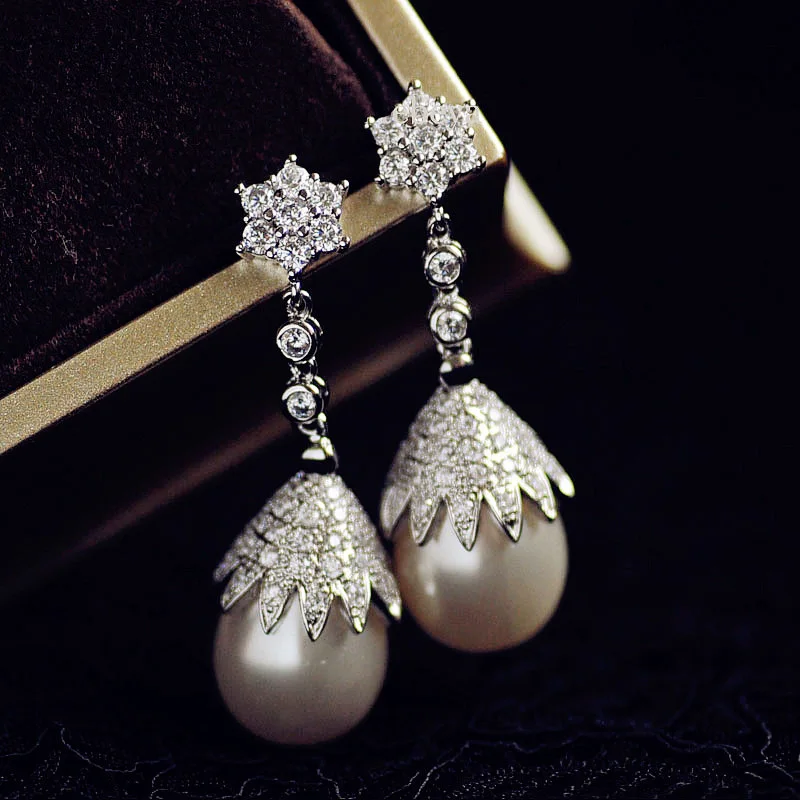 

Korean Style Cute Waterdrop Imitation Pearl Drop Earrings Black Pearl With Cubic Zirconia Long Earrings Women Party Jewelry Gift