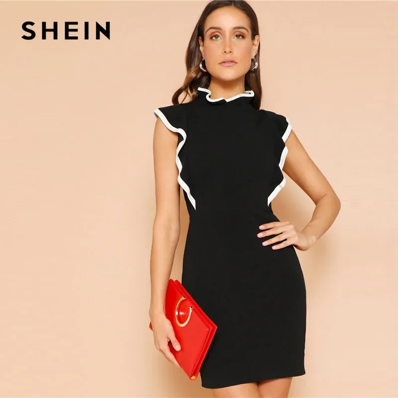 

SHEIN Black Ruffle Detail Mock-Neck Bodycon Dress Women Solid Sleeveless Elegant Stand Collar Slim Pencil Mini Dress