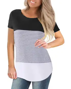 

Women Summer Striped Blouses Casual Short Sleeve O-Neck Loose Tops Ladies Asymmetrical Shirt Plus Size Elegant Streetwear Blusas