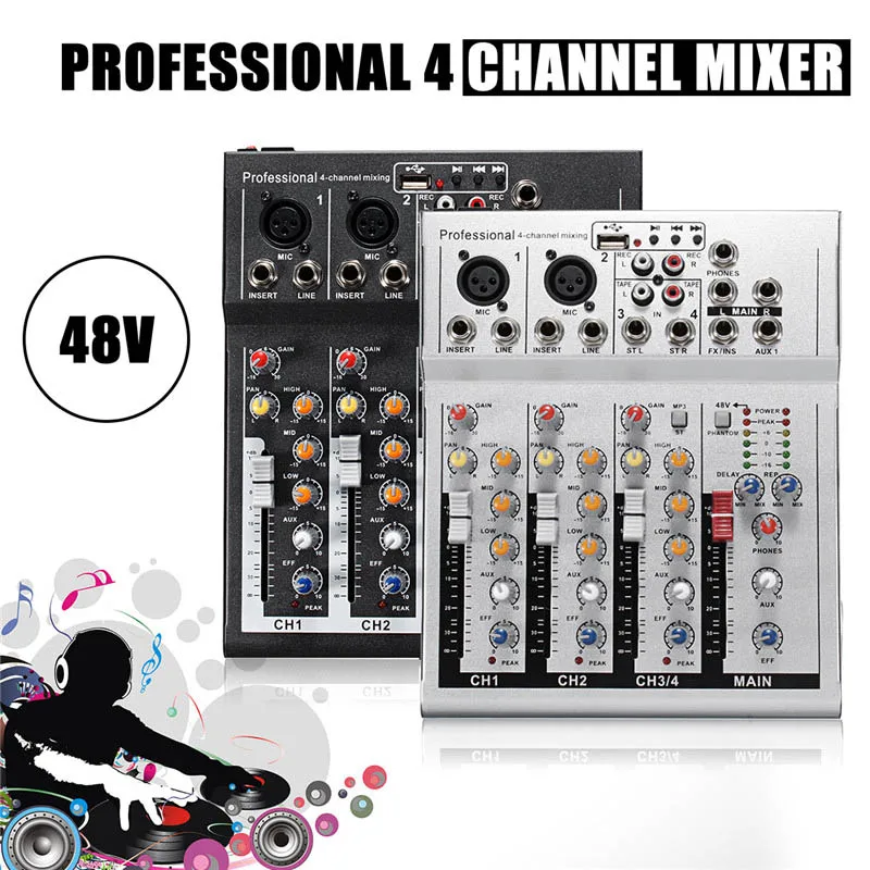 

48V USB Mixer Console Network Anchor Sound Card 4 Channel Professional Live Mixing Studio Audio Sound Console Black White