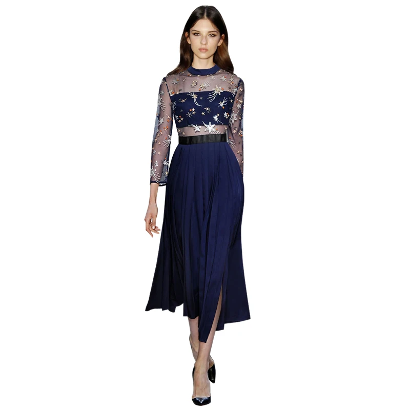 silver sequin star embroidery navy blue sheer mesh dress empire waist long sleeve pleated shirt dress summer beach maxi dress