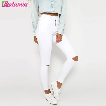 

Black White Fashion High Waist Ripped Jeans Woman Plus Size Hole Jeans Denim Pants Stretch Hip Lift Skinny Jeans For Women